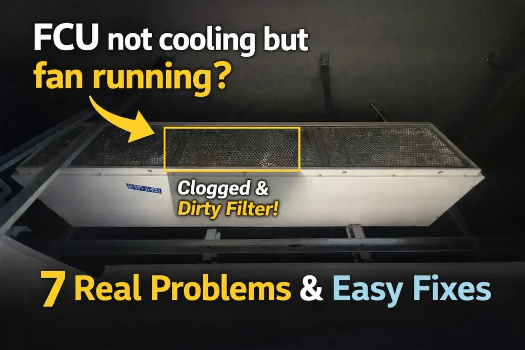 FCU not cooling but fan running issue showing ceiling mounted fan coil unit with dirty filter